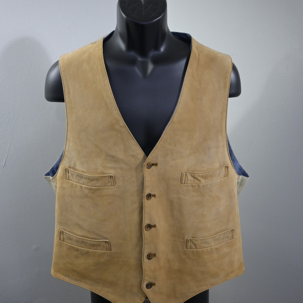 VTG Faconnable Nubuck Leather Vest Mens XL Tan Cotton Chambray Lining Buckle